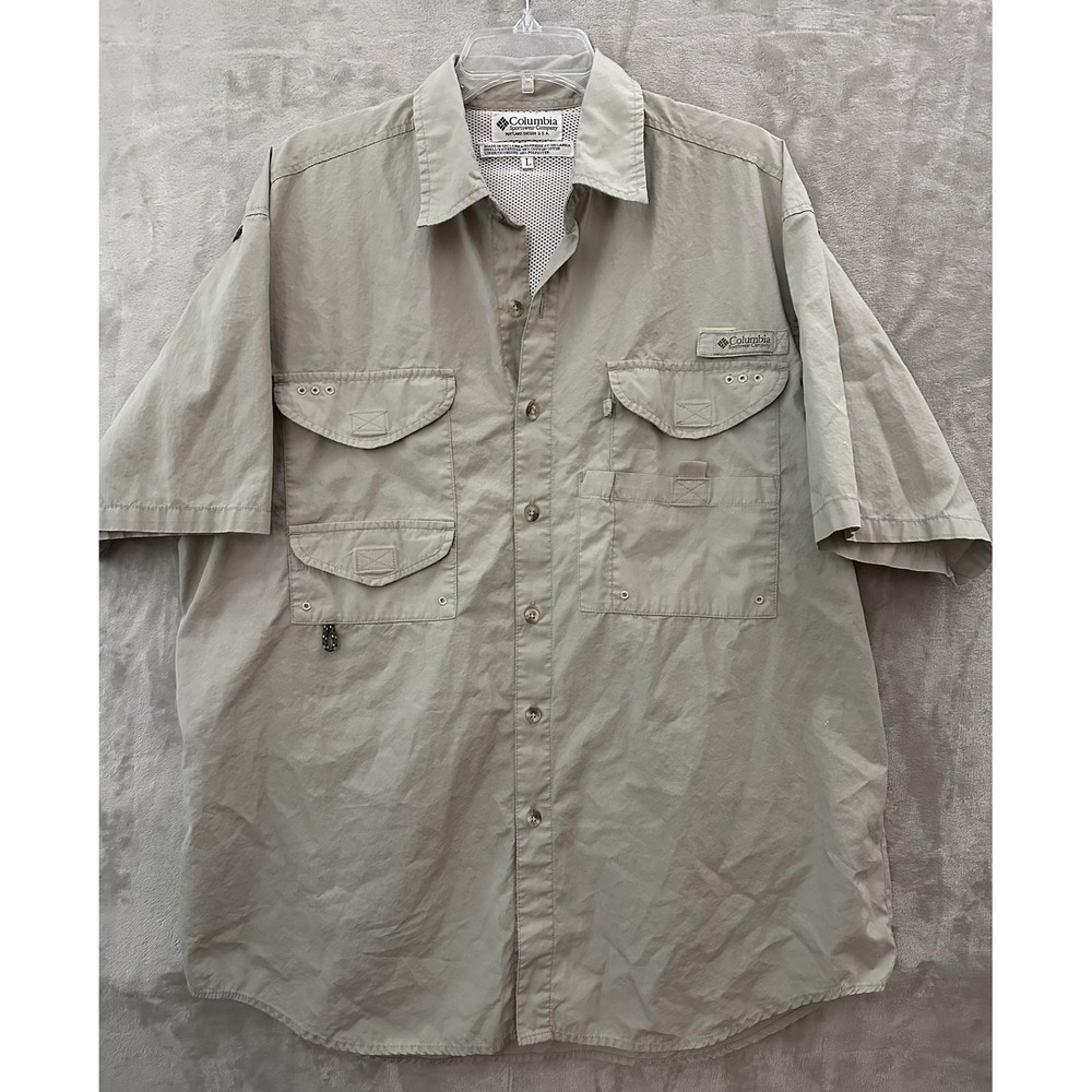 Columbia PFG Shirt Mens Large Tan Short Sleeve Fishing Outdoors Vented Pockets